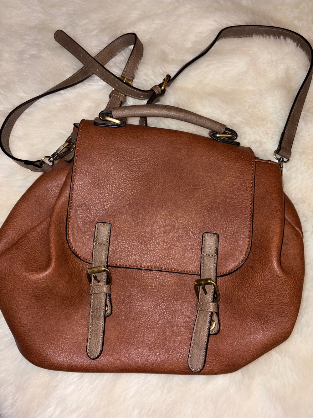 Classic Brown Leather Satchel with Contrast Trim Jen & Co